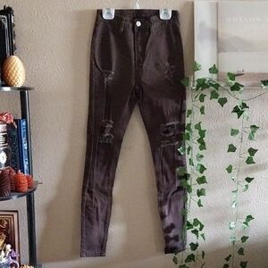 Women's Chocolate Brown Distressed Stretchy Super Skinny Jeans - Size 26R